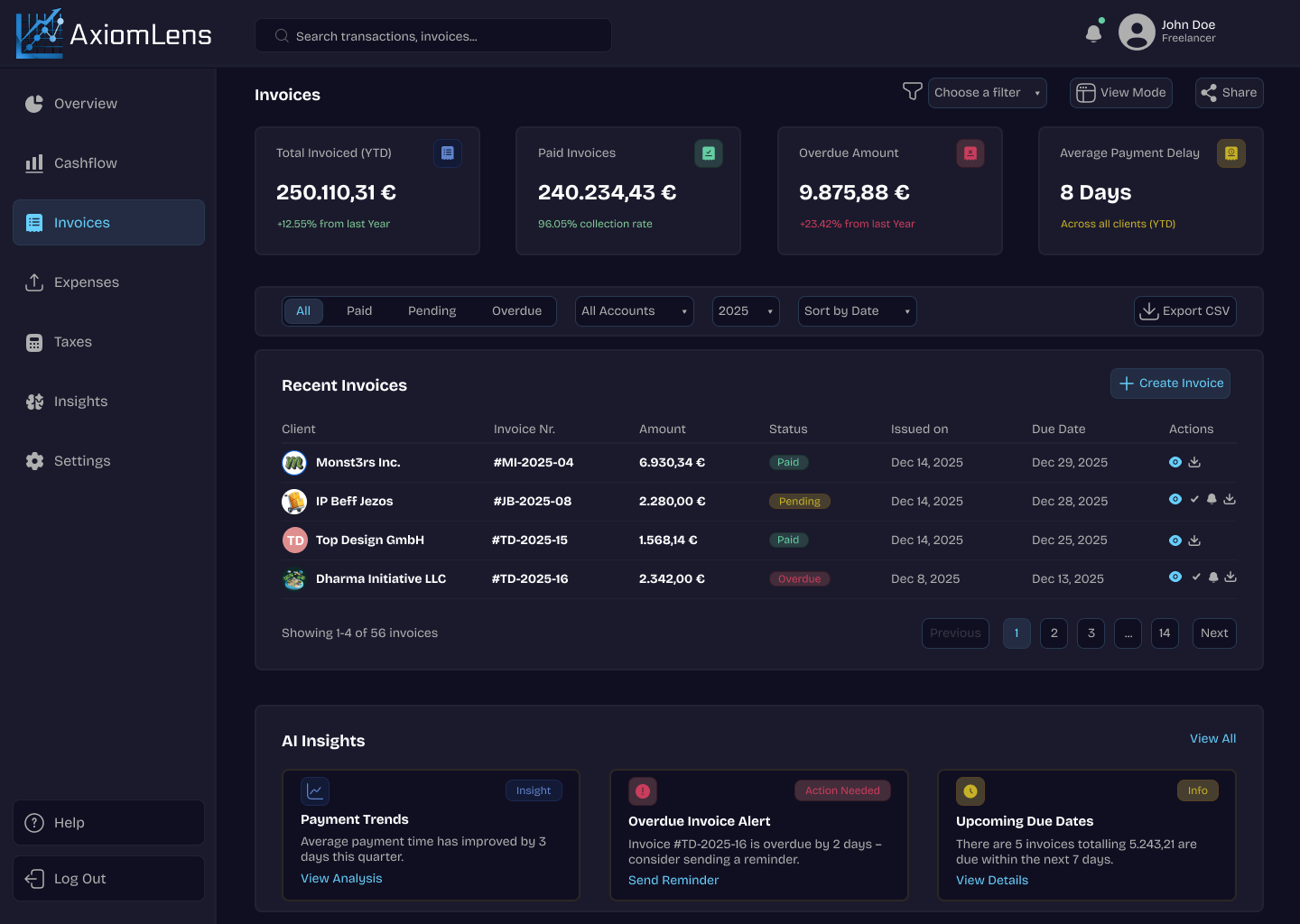 Invoices table with statuses and quick actions