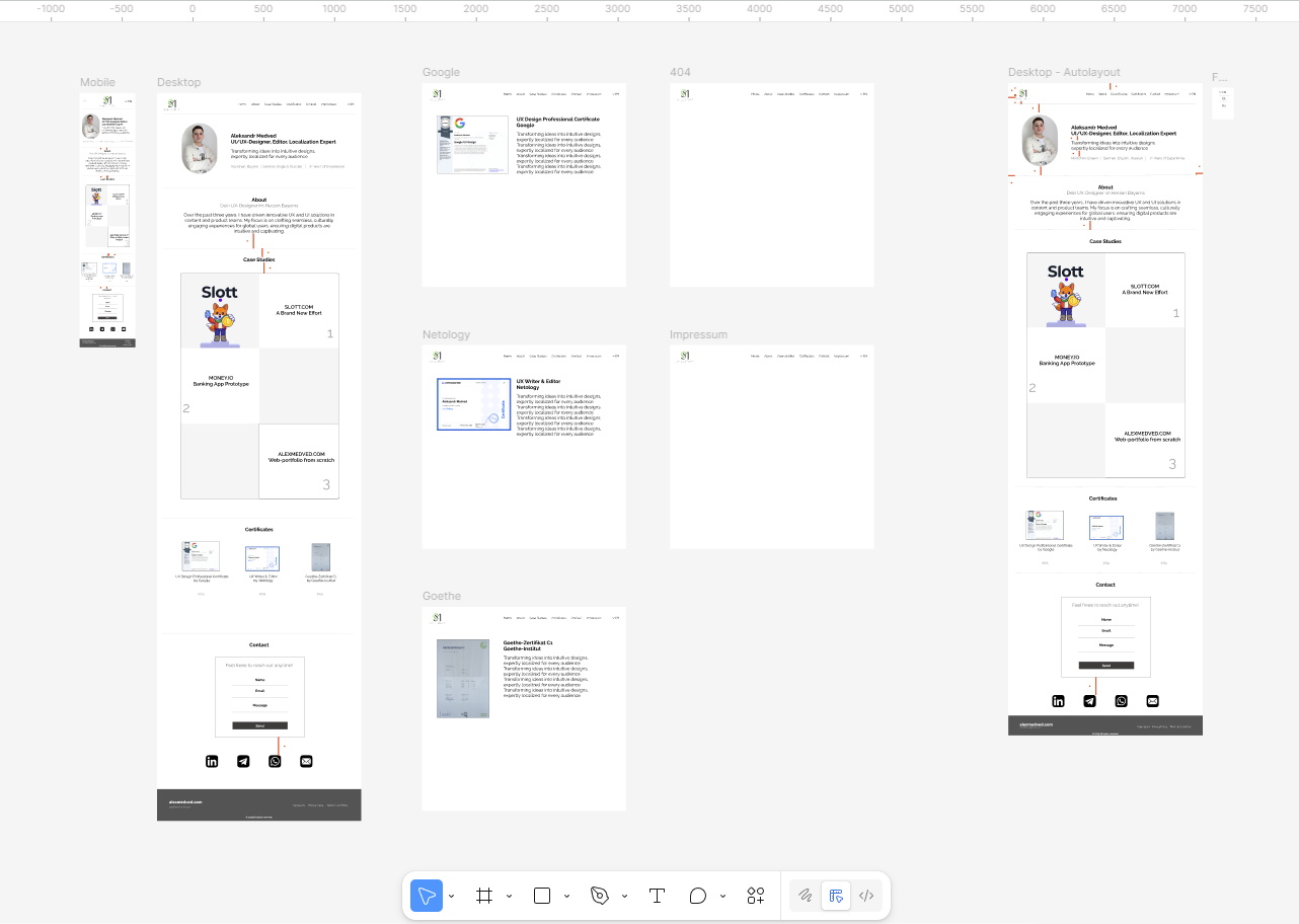 Early Figma concept board showing page map for desktop and mobile