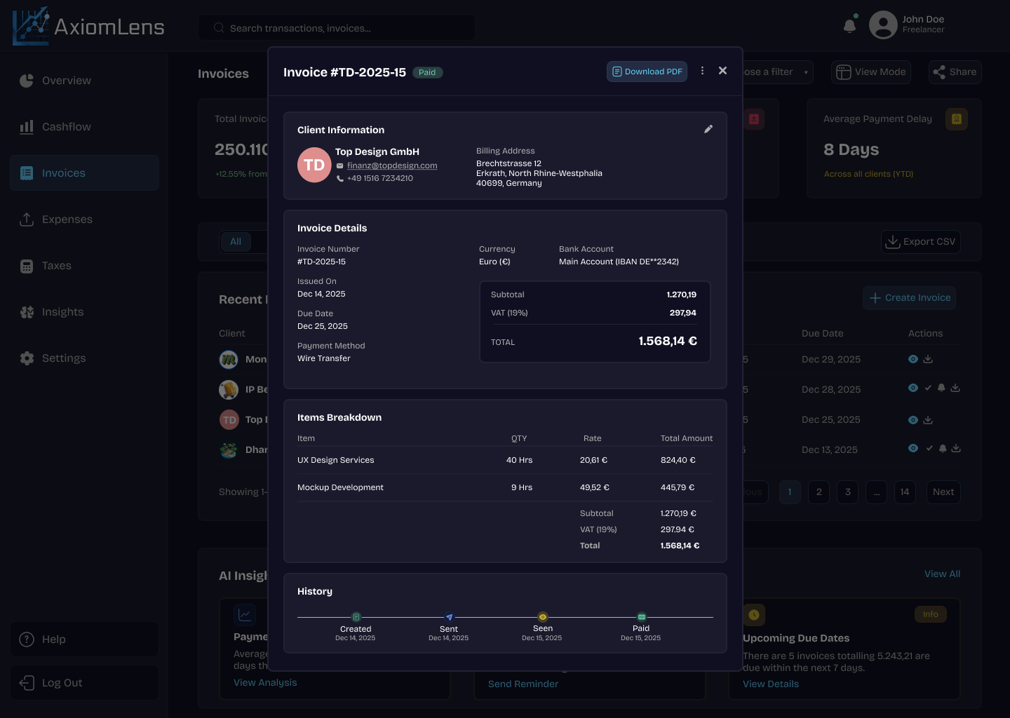 Invoice details overlay with breakdown and payment timeline